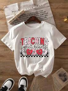 Camiseta con estampado gráfico para el Día de San Valentín para profesoras, manga corta, cuello redondo, top casual para verano y primavera, ropa de mujer, transpirable y cómoda. - Blanco - Ver 6