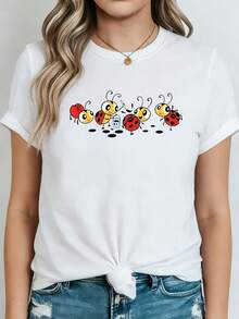 2026 Elegante Camiseta de Manga Corta con Estampado de Mariquita, Estilo Holgado para Primavera Verano, Camiseta Cómoda para Mujer, Estilo Divertido de Dibujos Animados, Ropa Infantil, para Salidas de Mamá y Bebé, Actividades Artísticas y Divertidas, Camiseta Casual Diaria - Blanco - Ver 1