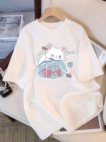 Ropa de mujer: Camiseta unisex con estampado de gato y cerezas - Camiseta de manga corta suave y agradable al tacto, con motivos de cerezas y gatos, adecuada para el uso diario informal, lavable a máquina y apta para todas las estaciones, perfecta para combinar con varios conjuntos diarios. - Blanco - Ver 6