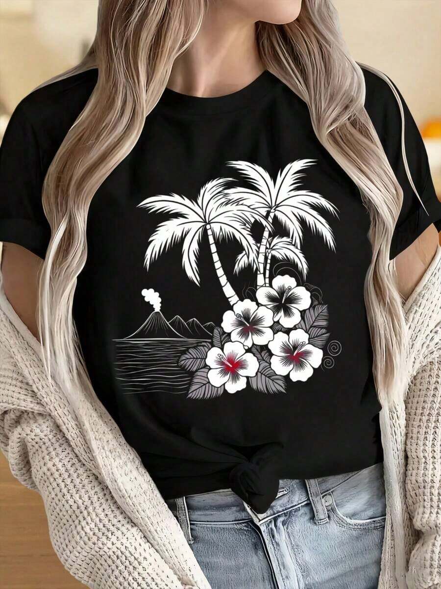 Women's And Men's Round Neck Short Sleeve T-Shirts With Tropical Palm Tree And Hibiscus Flower Print, 's T-Shirt, Casual Summer Style With Volcano Background, Hawaiian Style T-Shirt, Fun Prints Ideal For Christmas Parties, Sports Activities, Holiday Parties, Outings, Sports And Other Festive Gifts. - 黑色 - 查看 1