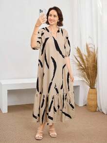 Vestido de verano con estampado completo, cuello con muesca y mangas abullonadas, estilo bohemio para vacaciones - Caqui - Ver 7