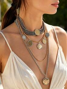 4PCS Two-Tone Layered Coin Necklace Set, Punk Chunky Chain Jewelry - Coin Badge - View 2