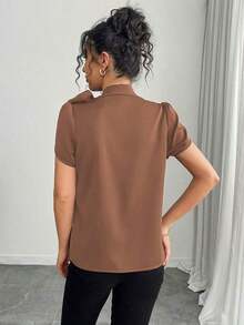 Camisa de mujer con mangas abombadas, nudo en el cuello y unicolor, casual y versátil, para primavera/verano - Marrón - Ver 2