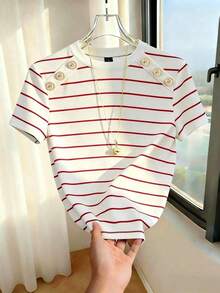Suéter de punto de estilo minimalista francés para mujer, diseño de bloques de color a rayas clásico en negro y blanco, cuello redondo de manga corta, versátil y casual, adecuado para uso diario, trabajo, citas, estudiantes, maestros y talla gran - Multicolor 2 - Ver 6