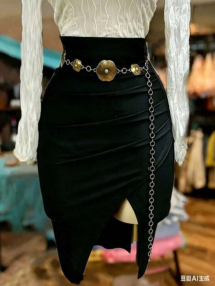 Falda ajustado envolvente de unicolor para mujer - Negro - Ver 1