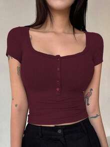 Blusa casual de mujer de unicolor con botones delanteros y mangas cortas, top lindo para uso diario - Burdeos - Ver 1