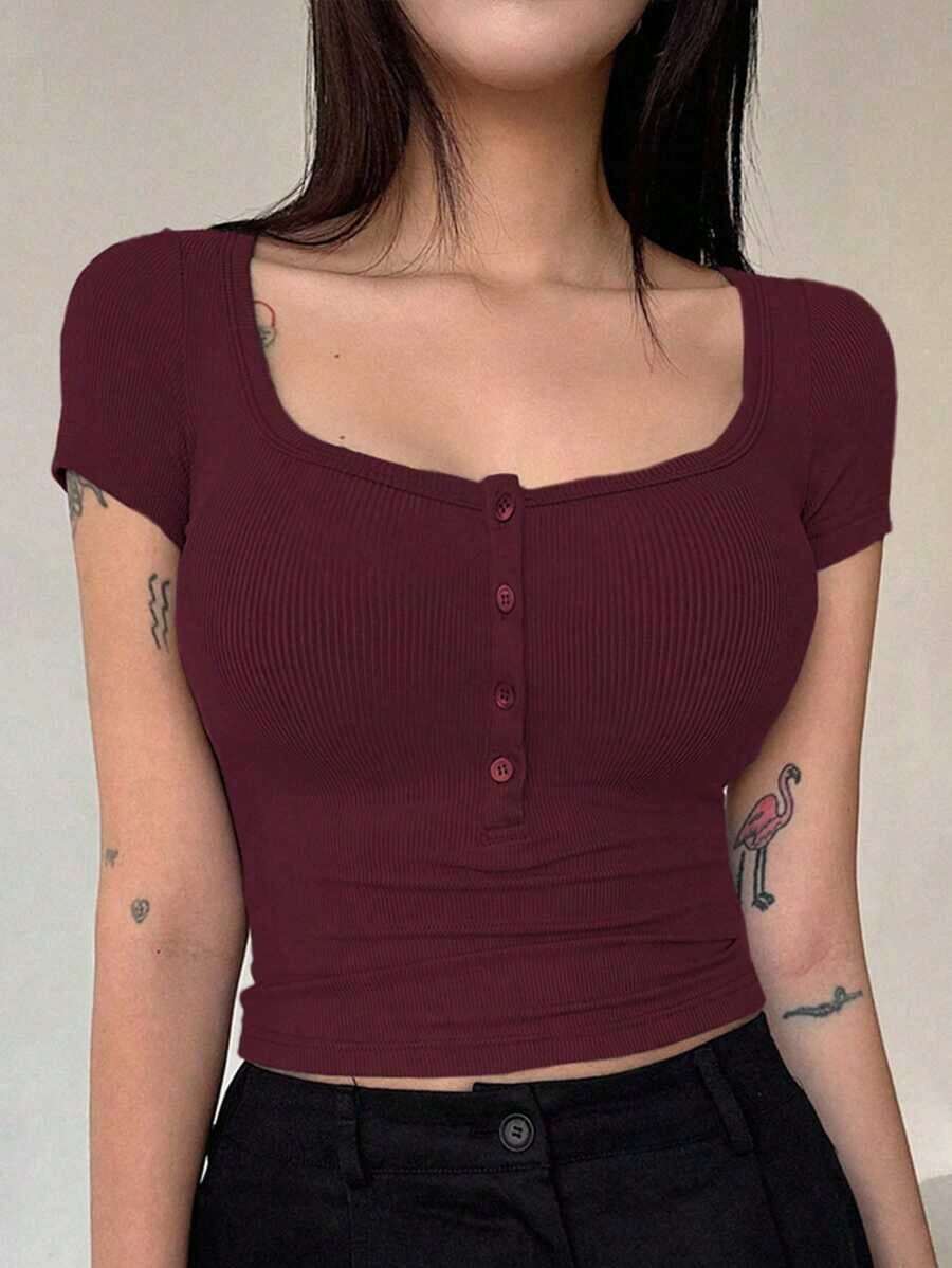 Blusa casual de mujer de unicolor con botones delanteros y mangas cortas, top lindo para uso diario - Burdeos - Ver 1