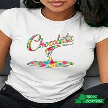 1 pieza de playera   para hombre y mujer, 100% algodón puro, cuello redondo casual con estampado, manga corta transpirable para uso diario, dise?o femenino con letras animadas y estampado - Blanco - Ver 2