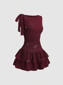 Vestido mini elegante con lazo y cintura ajustable con brillo, adecuado para fiestas, ir al trabajo y uso diario, primavera - Burdeos - Ver 1