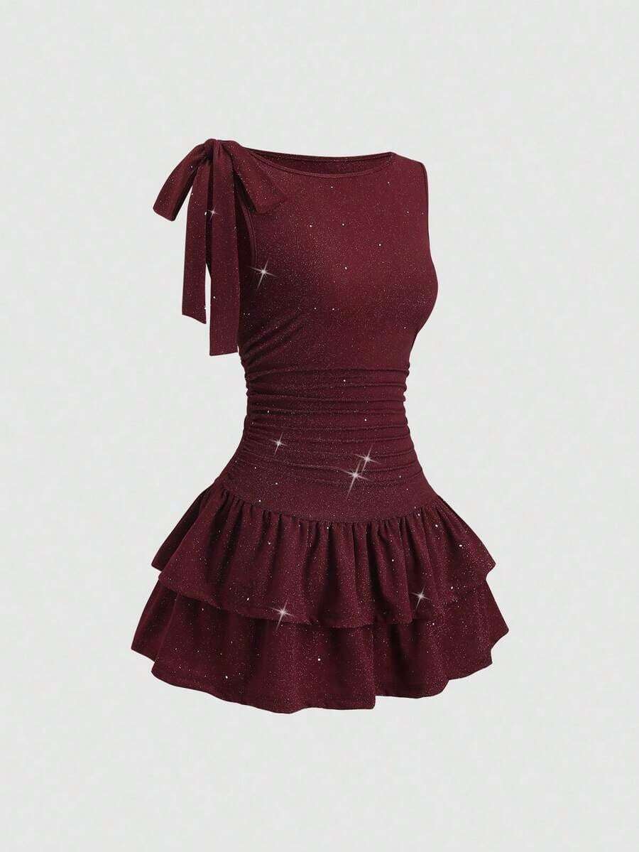 Vestido mini elegante con lazo y cintura ajustable con brillo, adecuado para fiestas, ir al trabajo y uso diario, primavera - Burdeos - Ver 1