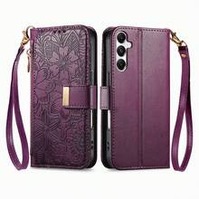 Funda Artesanal Exclusiva de Cuero PU Premium para Samsung, Diseño de Flores Grabadas 3D, Doble Correa Desmontable, Bolsillo con Cremallera para Monedas, Protección Flexible Total, No Se Deforma - Cordón corto individual rosa - Ver 9