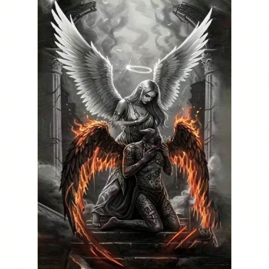 1PC DIY 5D Diamond Painting Kit Angel & Devil Pattern - Round Full Diamond Art Mosaic Craft, Home Wall Decor, Unframed - No Frame - View 1