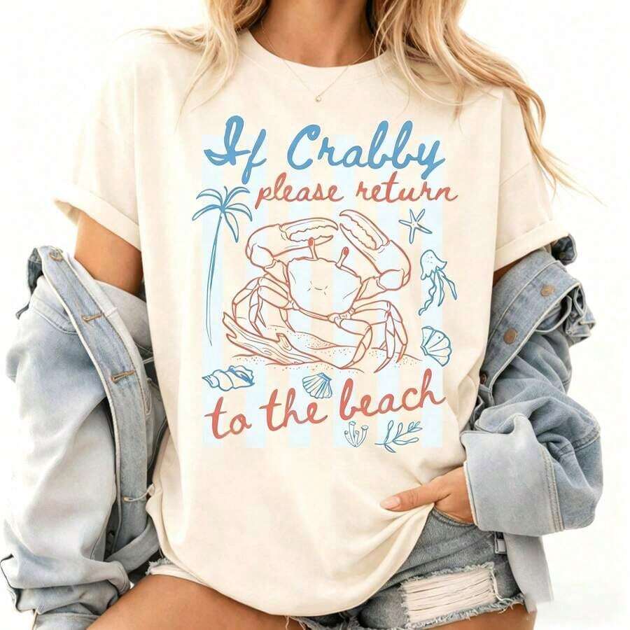 Women's Graphic Tee With "If You're In A Bad Mood, Please Go Back To The Beach" Print, Double-Sided, Casual Summer Style, Plus Size. | Summerwear | Vacation Wear, 100% Cotton - 杏子 10 - 查看 1