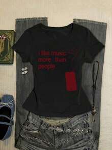Women's Casual Round Neck Short Sleeve T-Shirt With Slogan Print - 黑色 - 查看 6