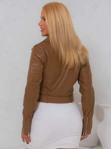 Women's Leather Jacket, Simple, Casual, Zipper, Pocket, Button, Night, Daily - 紫紅色 - 查看 6