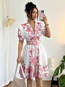 Conjunto de vestido corto de manga corta con cintura ceñida y estampado floral azul y blanco, elegante y romántico para vacaciones, primavera/verano - Multicolor 4 - Ver 12