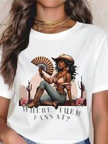 Women's Short Sleeve Graphic Tees, Western Cowboy Style Fan Tee With "Where Are The Fans?" Text, Funny Graphic Tee For Women, Desert Cowboy Style With Cactus And Rose Design, Summer Casual Outfit, Gift For Country Music And Festival Fans, Vintage Style. - 白色 - 查看 7