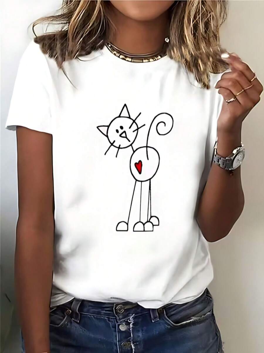 Camiseta de manga corta para mujer con lindo estampado de gatos, estilo verano. - Blanco - Ver 1