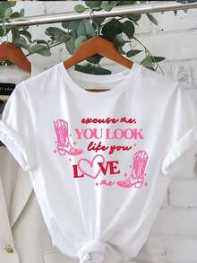Esta camiseta casual de manga corta y cuello redondo para mujer, inspirada en la música country, es perfecta para primavera y verano. Adecuada para primavera, verano y otoño. - Blanco - Ver 2
