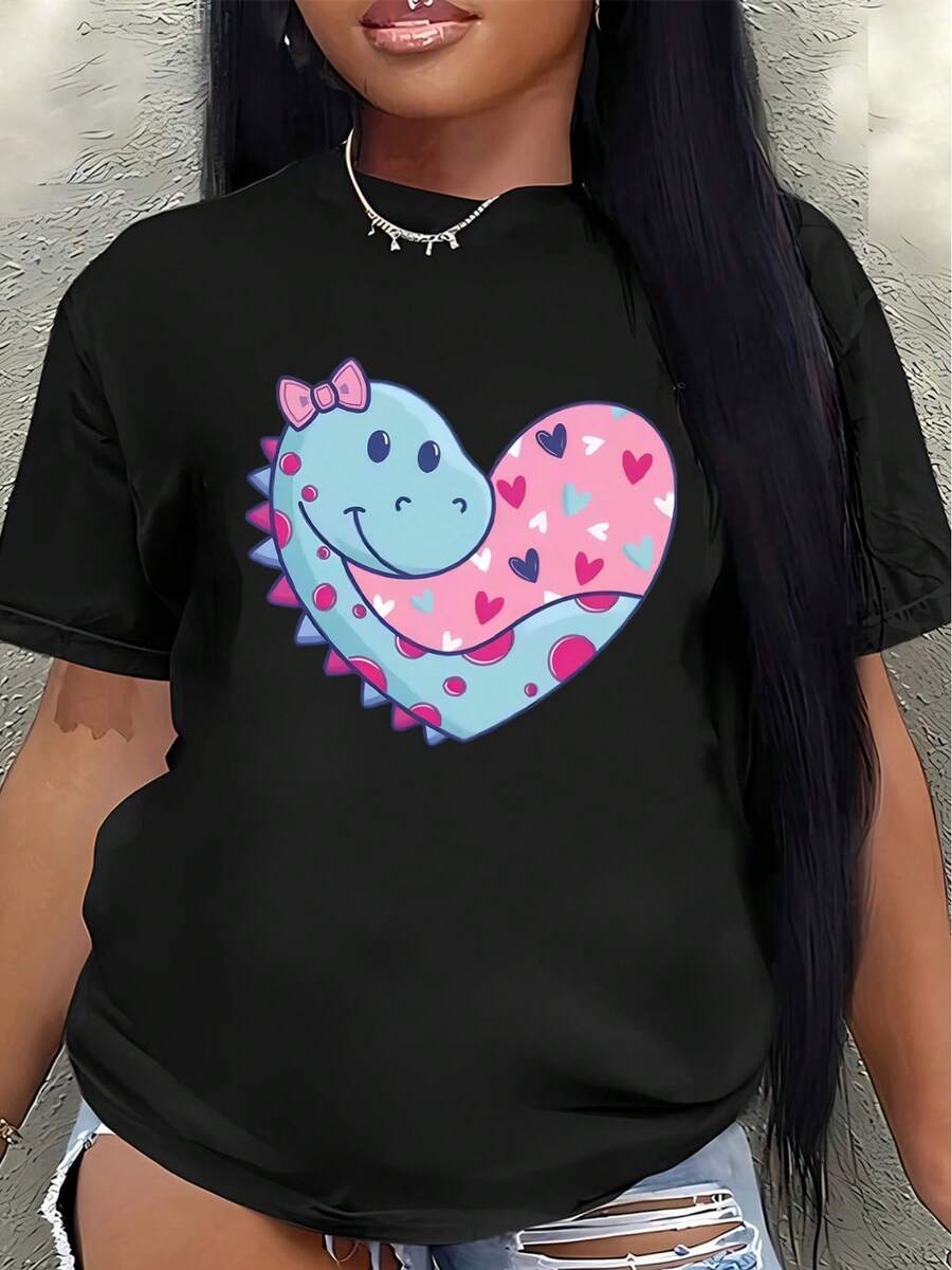 Camiseta de manga corta de poliéster, decorada con lindos diseños de dinosaurios y corazones, adecuada para uso casual en casa o al aire libre, ligera y cómoda, ideal para el uso diario en la cocina, la sala de estar o el jardín. - Negro - Ver 1