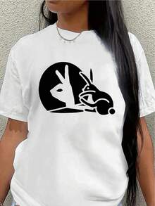 Polyester Short-Sleeved T-Shirt With Rabbit And Peace Symbol Design, Lightweight And Durable, Suitable For Home, Restaurants Or Casual Outdoor Use. - White - View 1