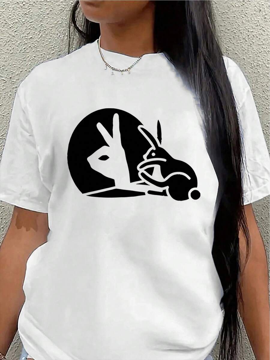 Polyester Short-Sleeved T-Shirt With Rabbit And Peace Symbol Design, Lightweight And Durable, Suitable For Home, Restaurants Or Casual Outdoor Use. - White - View 1