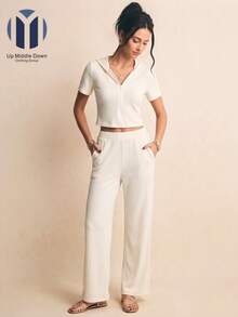 Conjunto Casual de Dos Piezas para Mujer: Top con Cierre y Pantalón de Pierna Ancha - Ideal para Primavera/Verano - Beis - Ver 3