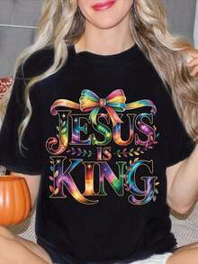 Camiseta de Mujer con Estampado de Arcoíris "Jesus Is King", Manga Corta, Cuello Redondo, Estilo Casual, Regalo de Verano para Amigas y Familiares Cristianas. Tela de Algodón, Lavable a Máquina, Camiseta Casual para Mujer, Adecuada para Ocasiones Informales. Blusas para mujer. - Negro - Ver 6