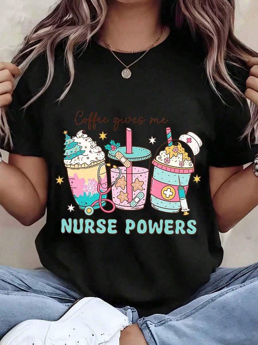 Camiseta Casual para Mujer con Estampado "El Café Me Da Poderes de Enfermera", Cuello Redondo, Manga Corta, Top Casual para Enfermeras, Regalo para el Día de las Enfermeras, Moda. - Negro - Ver 1