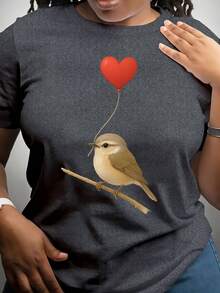 1 pieza, camiseta de mujer con temática de aves, camiseta casual de manga corta, ligeramente elástica, de tela, longitud regular, diseño con estampado de letras, adecuada para usar durante todo el año. - Rojo - Ver 9