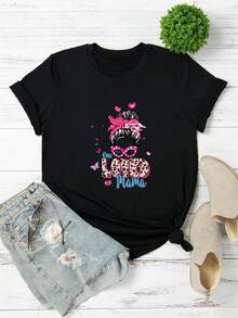 Exclusive One Loved Mama Mother's Day T-Shirt With Black Leopard Print And Pink Bow Design - Vintage Urban Style, Unisex, Cotton, Short Sleeve, Round Neck - 黑色 - 查看 2