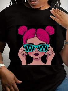 Talla - Camiseta Negra Estampada para Mujer - Diseño lindo estilo anime con cabello rizado morado y gafas azules - Camiseta casual para el día a día, adecuada para fiestas y disfraces - Top suave para el día a día - Camiseta unisex de algodón suelto de manga corta y cuello redondo estilo vintage urbano. - Negro - Ver 1
