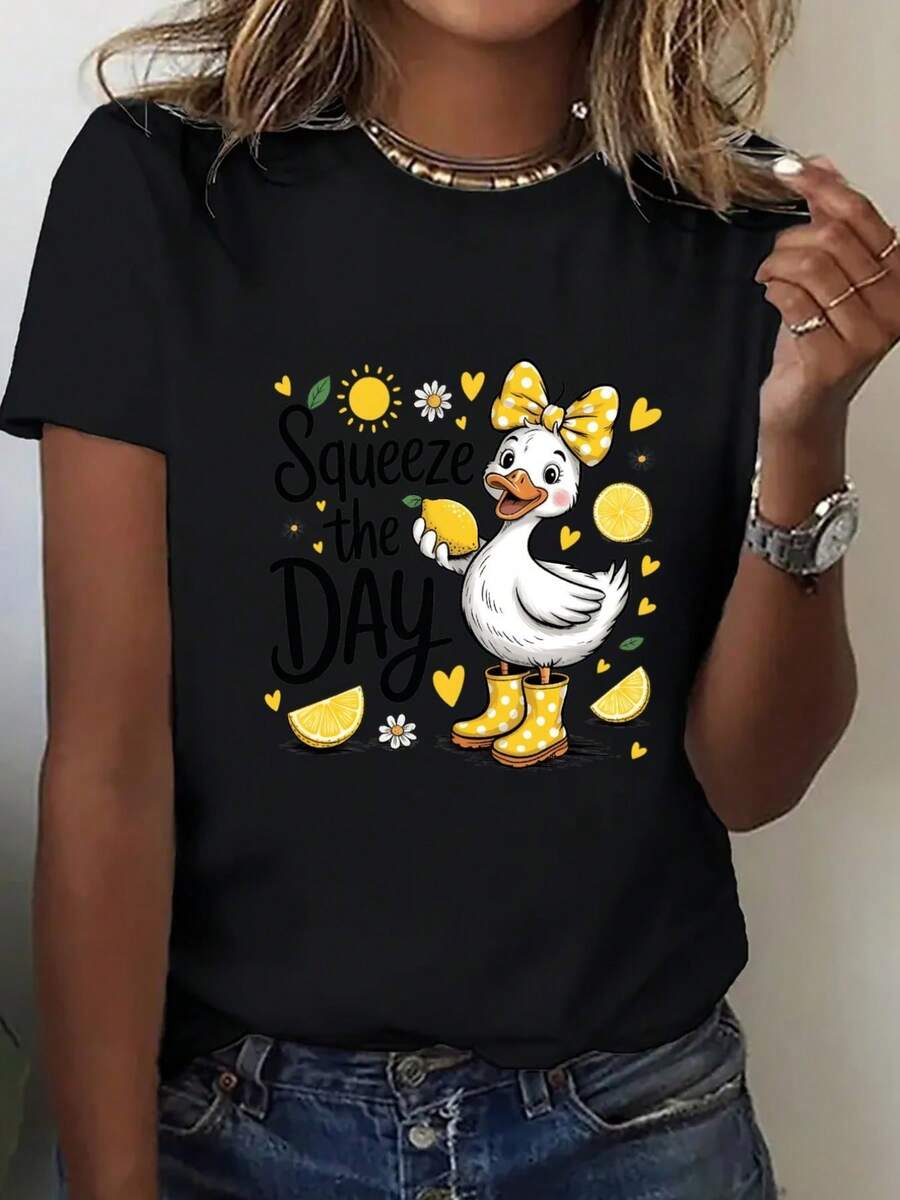 Talla - Camiseta Oversize para Mujer - Camiseta de Uso Diario de Corte Holgado con Bonito Estampado de Patos - Tela Ligera y Transparente - Top Casual Blanco para Mujer - Adecuada para el Hogar, Oficina, Salidas - Camiseta Diaria para Todas las Temporadas, Cómoda para el Hogar, Estampado Divertido, Material Transpirable, Camiseta a, Prenda Elegante - Camiseta Vintage de Estilo Urbano Unisex de Algodón, Manga Corta y Cuello Redondo - Negro - Ver 1