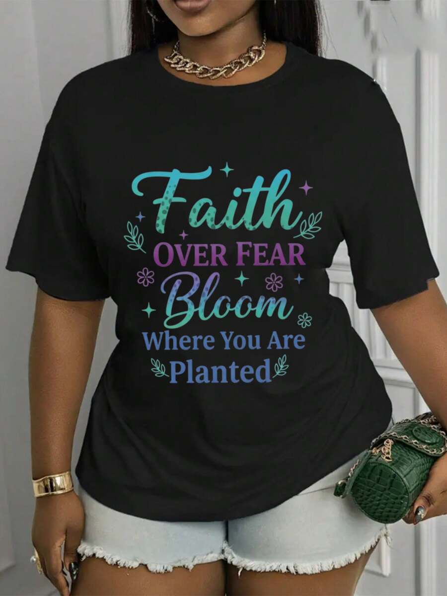 Soft, Breathable, And Lightweight For All-Day Comfort. Faith Overcomes Fear And Can Thrive Wherever You Are. This Short-Sleeved Printed T-Shirt Is Suitable For Everyday Wear, Has Medium Stretch, And Is Machine Washable. This Casual, Short-Sleeved T-Shirt With A Crew Neck And Print Is A And Versatile Garment For Women. The Classic Neckline And Relaxed Fit Flatter All Body Shapes And Are Easy To Pair With Jeans, Shorts, And Leggings. - 黑色 - 查看 1
