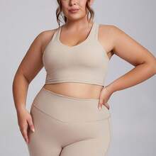 Set deportivo para mujer de talla grande, conjunto ajustado de 2 piezas con bolsillo, tela elástica efecto segunda piel para yoga y entrenamiento - Sujetador y pantalón color moca - Ver 10