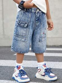 Young Boy Fashion & Vintage Style Wide Leg Light Wash Denim Cargo Shorts For 2-8 Years, Embroidered Craftsmanship, Multi-Pocket, Loose Fit, Button Fly, Half Elastic Waistband, Adjustable Waist, Denim Utility Shorts, Knee Length - Light Wash - View 4