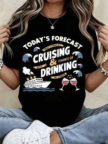 Camiseta con Estampado de Crucero y Copas de Vino con Ondas para Atuendos Casuales - Estilo Urbano Vintage Unisex, Camiseta de Manga Corta de Algodón 100% con Cuello Redondo - Negro - Ver 7