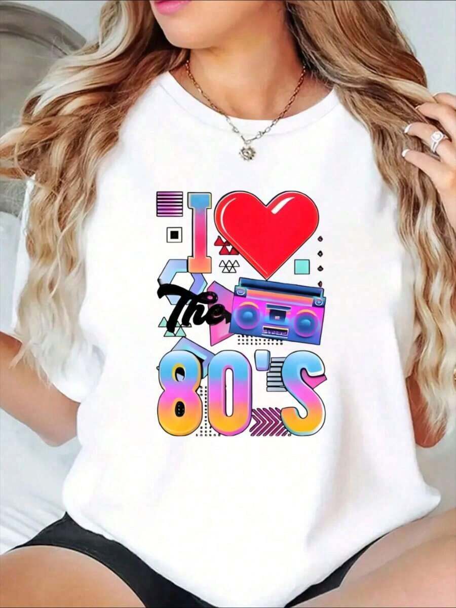 Me encanta la camiseta de fiesta retro de los 80 con diseño de casete de música para mujer, disfraz temático vintage de los 80, regalo divertido de estilo de los 80 para celebración de cumpleaños - Camiseta unisex de estilo callejero vintage, holgada, de algodón 100% con cuello redondo y manga corta. - Blanco - Ver 1