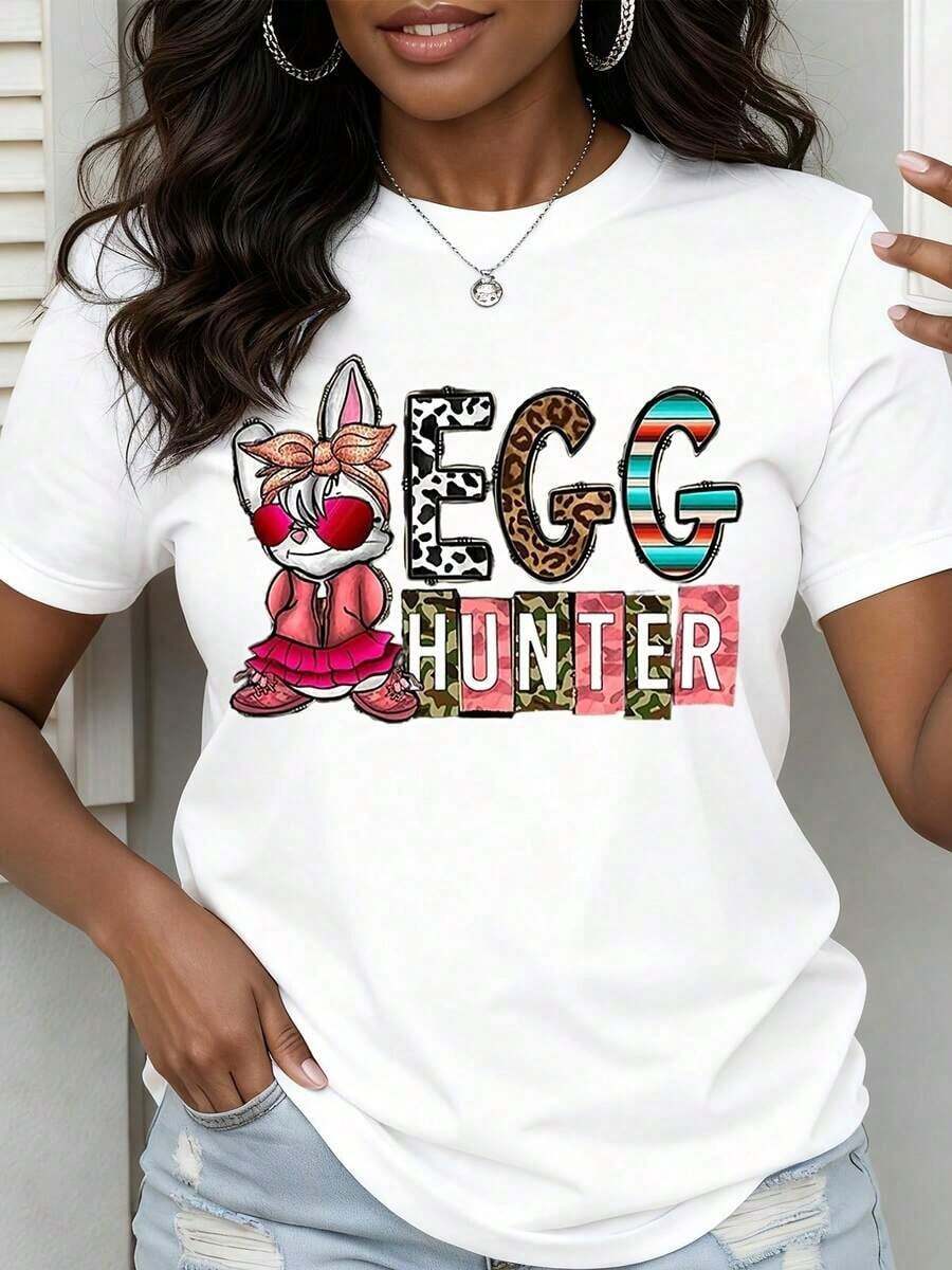 Camiseta de Mujer con Estampado de Conejo de Pascua, Camiseta Gráfica con Diseño de Conejo Lindo, Camiseta de Moda para Vacaciones de Primavera, Estilo Vintage Urbano, Unisex, de Algodón, Manga Corta, Cuello Redondo, 100% Algodón - Blanco - Ver 1