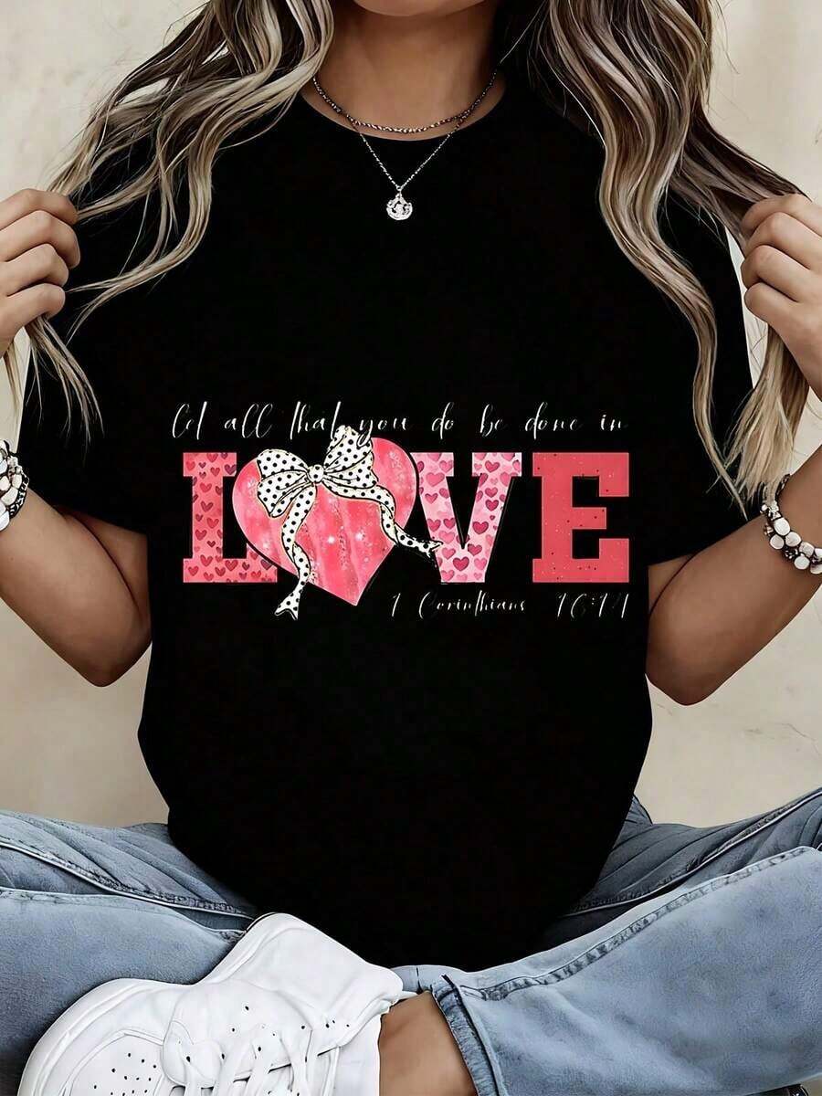 Camiseta Casual de Mujer a la Moda con Estampado de Corazón, Lazo y Diseño de Leopardo para el Día de San Valentín y Uso Casual - Negro - Ver 1