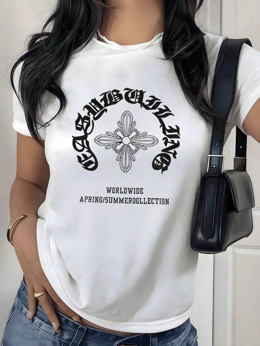 T-Shirt With Gothic Cross Graphic Print, 180g, 1 Piece, Women's Casual T-Shirt 100% Cotton, Vintage Streetwear Style, Summer Top - 白色 - 查看 1