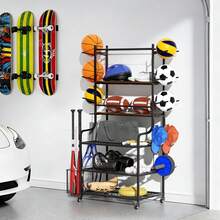 UNHO Sports Equipment Organizer Metal & Wood Large Storage Rack W Wheels For Garage 64x40x106cm - Black - View 2