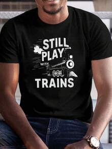 Camiseta de verano para hombre talla plus, impresión gráfica "TODAVÍA JUEGO CON TRENES", manga corta casual, ajuste regular, poliéster, cuello redondo, patrón geométrico, para la vida diaria, tallas grandes y altas - Negro - Ver 1