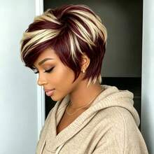 Pixie Cut Human Hair Wig For Women Full Machine Made Wigs With Bangs Short Bob Wig - Multicolor - View 2