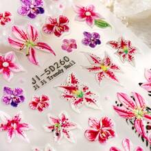 5D Spring Summer Pink Floral Nail Art Stickers, Calla Lily,Leopard Pattern,Self-Adhesive Nail Decals For And Women, Perfect For Manicure Decoration - 彩色 - 查看 10