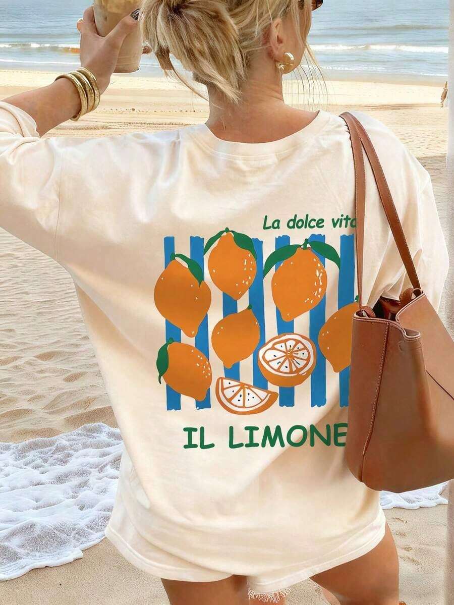 Camiseta de mujer de manga corta, cuello redondo, estampado gráfico de limón soda, suelta y versátil, ideal para uso casual y vacaciones - Albaricoque - Ver 1