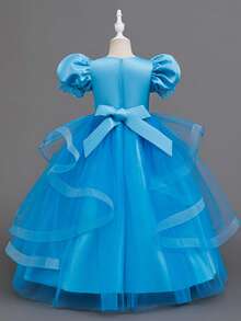 Tween Girl Bubble Short Sleeve Floral Embroidery Rhinestone Decor Multi-Layer Tulle Dress, Wedding Graduation Ceremony Puff Princess Dress, All Seasons - Blue - View 4