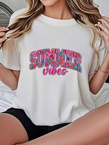 Camiseta de Mujer Casual de Corte Holgado, Opciones en Blanco y Negro, Estampado Floral 'SUMMER Vibes', Camiseta Gráfica para Uso Diario de Verano, Blusas de Verano, Camisetas Gráficas, Conjuntos de Verano, Camisetas Gráficas para Mujer, Tops Cortos para Mujer, Blusas Vintage de Algodón, Ropa Linda para Mujer, Playera Holgada para Mujer - Blanco - Ver 1
