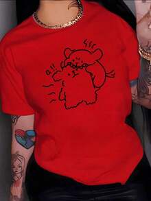 ComfortableDos adorables osos caricaturescos interactuando de forma divertida transmitiendo  y alegría camiseta de mujer 100% algodón 220g elegante y cómoda para uso diarioFashion All-match - Rojo - Ver 1