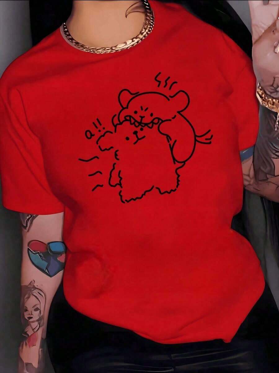ComfortableDos adorables osos caricaturescos interactuando de forma divertida transmitiendo y alegría camiseta de mujer 100% algodón 220g elegante y cómoda para uso diarioFashion All-match - Rojo - Ver 1